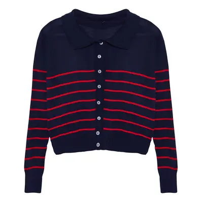 Trendyol Navy Blue Polo Neck Striped Knitwear Cardigan