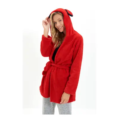 Trendyol Red Ear and Back Embroidery Detailed Plush/Wellsoft Knitted Dressing Gown