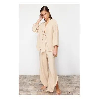 Trendyol Beige Woven Tied Linen blended Shirt Pants Set