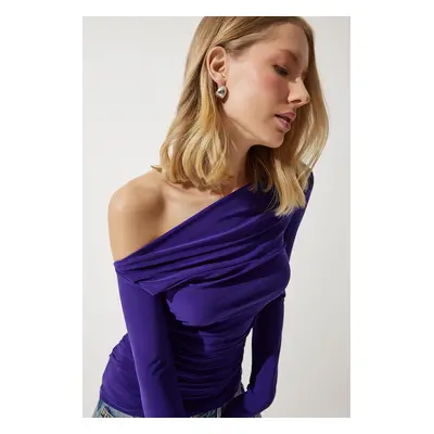 Happiness İstanbul Women's Purple Draped Collar Gather Detailed Blouse