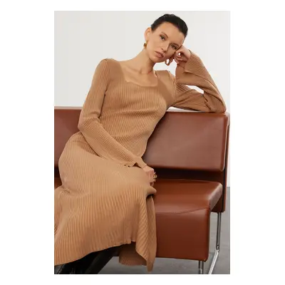 Trendyol Camel Midi Knitwear Basic Sleeve Detailed Dress