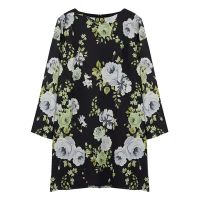 Trendyol Curve Black Boat Neck Floral Patterned Satin Dress