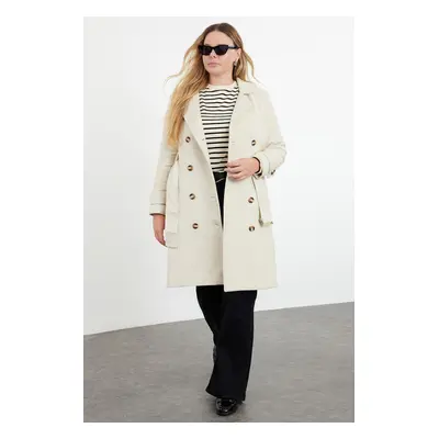 Trendyol Curve Beige Regular Fit Belt Detailed Wool Blend Coat