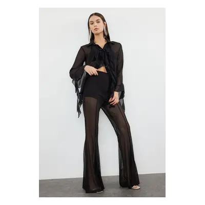 Trendyol Black Flare Leg Transparent Knitted Tulle Trousers