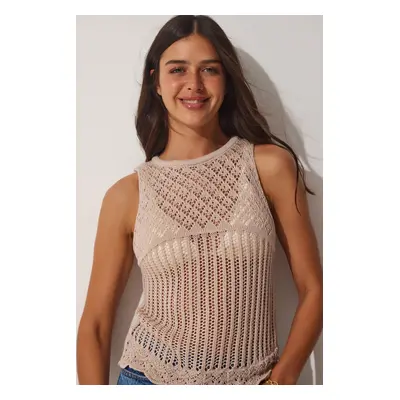 Happiness İstanbul Women's Beige Openwork Summer Knitwear Blouse