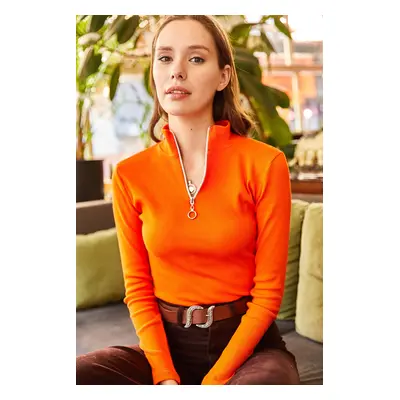 Olalook Women's Orange Zipper Turtleneck Lycra Blouse