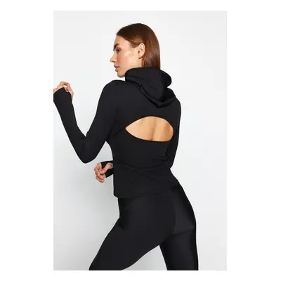 Trendyol Black Cotton Ribbed Thumb and Back Window/Cut Out Detail Knitted Sports Top/Blouse