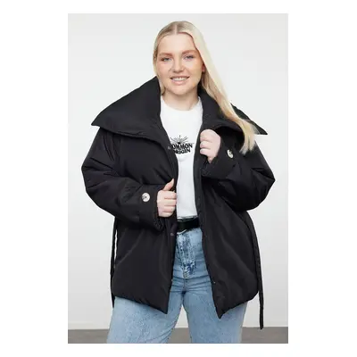 Trendyol Curve Black Regular Fit Wide Collar Waist Tie Detailed Coat