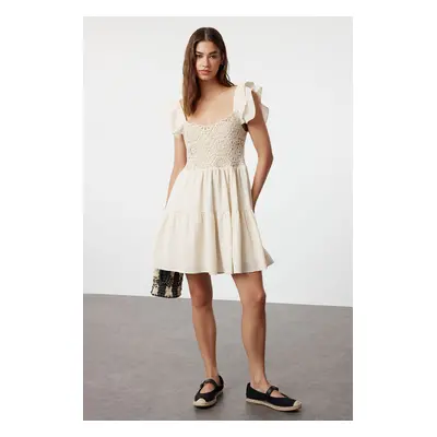 Trendyol Beige A-Line Upper Size Guipure Detailed Mini Woven Dress