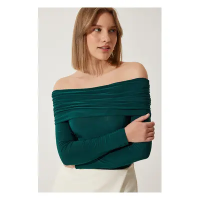 Happiness İstanbul Women's Emerald Green Off-the-Shoulder Ruffle Detailed Blouse