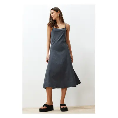 Trendyol Anthracite 100% Cotton Adjustable Straps Vintage Effect Cotton Knitted Midi Dress