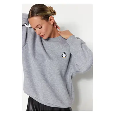 Trendyol Gray Animal Embroidered Regular/Normal Fit Thick Inside Fleece Knitted Sweatshirt