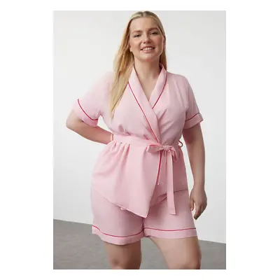 Trendyol Curve Pink Woven Pajama Set with Binding and Piping Detail