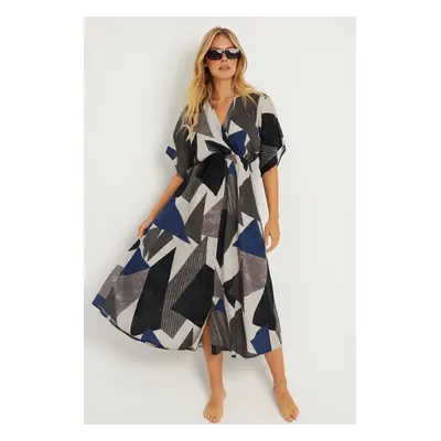 Cool & Sexy Women's Anthracite Patterned Double Breasted Midi Dress HT108