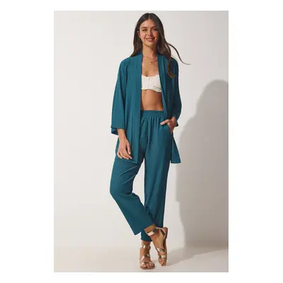 Happiness İstanbul Women's Emerald Green Kimono with Pants and Knit Set