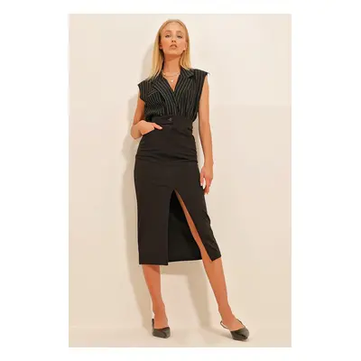 Trend Alaçatı Stili Women's Black Slit Midilength Skirt