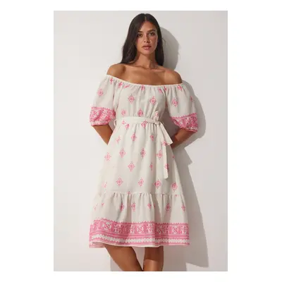 Happiness İstanbul Women's Pink Cream Patterned Carmen Collar Summer Linen Dress