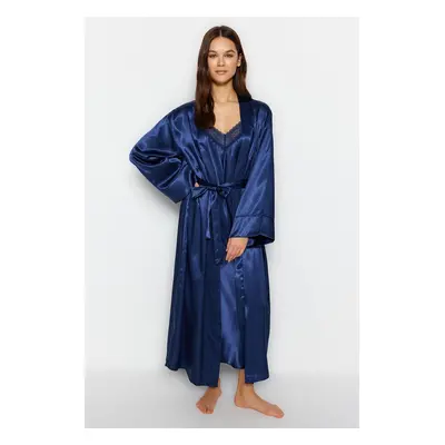 Trendyol Indigo Belted Satin Woven Dressing Gown