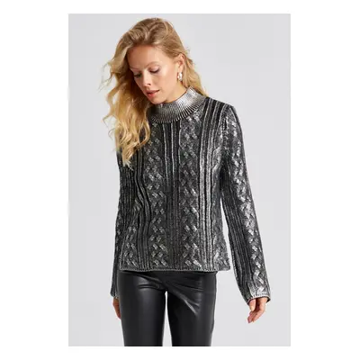 Cool & Sexy Women's Black-Silver Leafy Knitwear Blouse