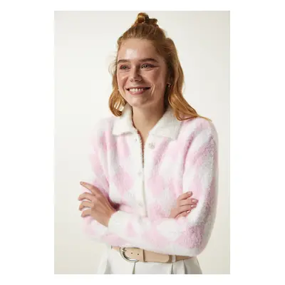 Happiness İstanbul White Pink Patterned Bearded Seasonal Crop Knitwear Cardigan