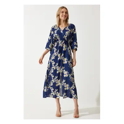 Happiness İstanbul Women's Navy Blue Yellow Wrap Collar Patterned Summer Viscose Dress