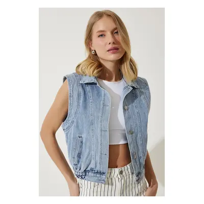 Happiness İstanbul Women's Blue Wide Sleeve Denim Vest