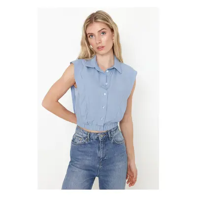 Trendyol Blue Crop Shoulder Detailed Sleeveless Fitted Woven Shirt