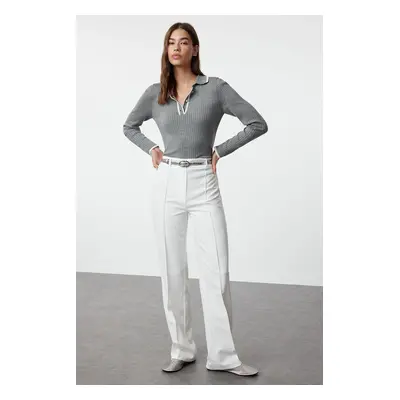 Trendyol Ecru Straight/Straight Cut High Waist Ribbed Stitched Woven Trousers