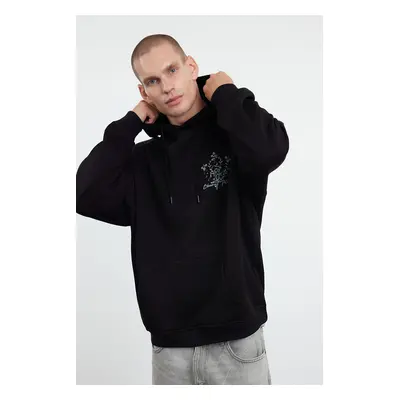 Trendyol Black Oversize/Wide Cut Hooded Floral Printed Fleece/Warm Sweatshirt