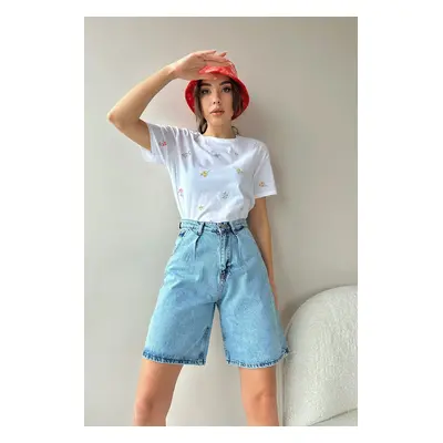 Trend Alaçatı Stili Women's Light Blue High Waist Wide Leg Bermuda Denim Shorts