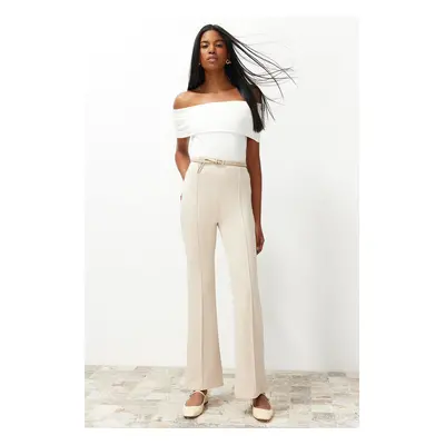 Trendyol Stone Premium Soft Textured Ribbed Flexible Flare Trousers