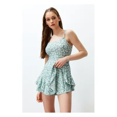 Trendyol Mint Floral Printed Mini Jumpsuit with Strappy Flounce Shorts