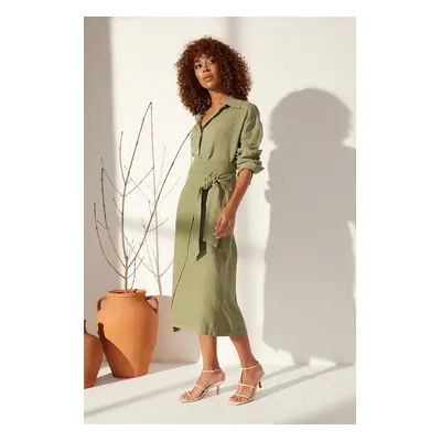 Trendyol Green 100% Linen Tie Midi Skirt