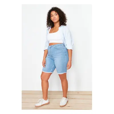 Trendyol Curve Blue Leg Tassel Detailed Stretchy Skinny Denim Shorts