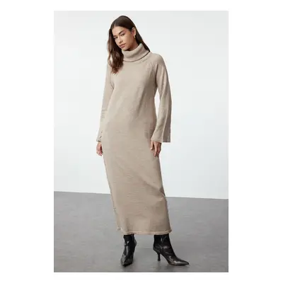 Trendyol Light Brown Turtleneck Long Soft Textured Knitwear Dress