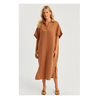 Cool & Sexy Women's Tan Linen Midi Dress DMR85