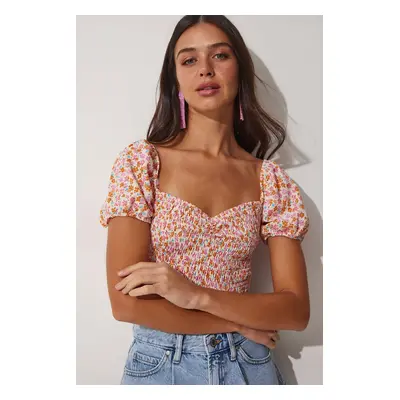 Happiness İstanbul Women's Pink Cream Floral Gathered Carmen Collar Crop Knitted