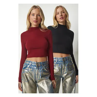 Happiness İstanbul Women's Claret Red Black Ribbed Camisole 2-Pack Crop Top