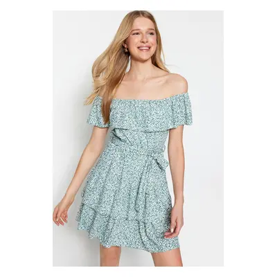 Trendyol Mint Floral Printed Carmen Collar Flounce and Ruffle Detailed Mini Knitted Dress