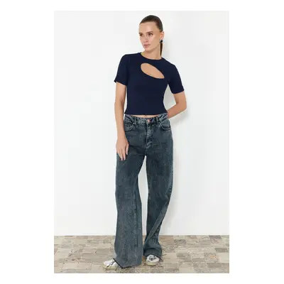 Trendyol Navy Blue Cut Out Fitted Crew Neck Crop Ribbed Stretchy Knitted Blouse