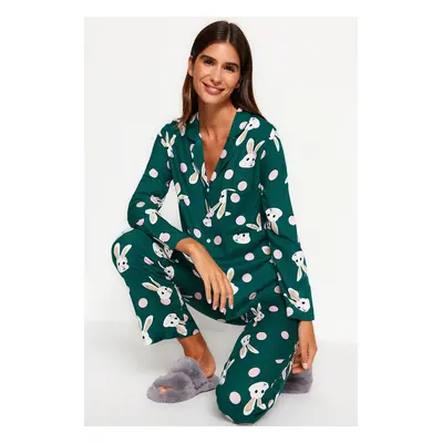 Trendyol Emerald Green Rabbit Patterned Viscose Shirt-Pants Woven Pajamas Set