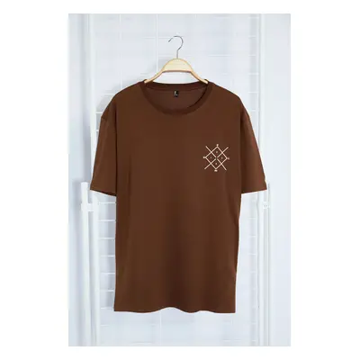 Trendyol Plus Size Dark Brown Regular Cut Printed 100% Cotton T-Shirt