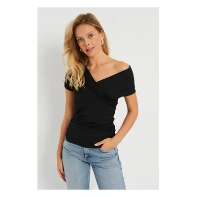 Cool & Sexy Women's Double Breasted Gathered Blouse Black