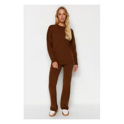 Trendyol Brown Soft Textured Basic Knitwear Two Piece Set