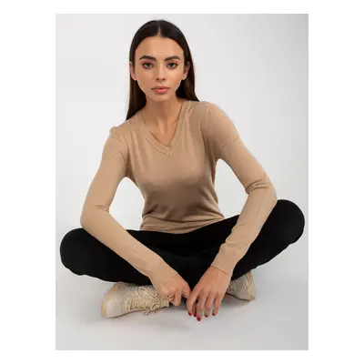 Dark beige women's classic sweater with neckline