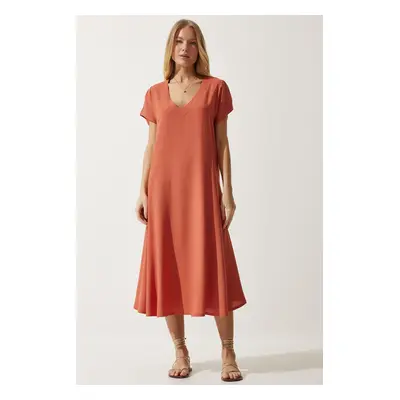 Happiness İstanbul Women's Orange V-Neck Summer Flowy Viscose Dress