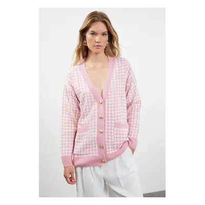 Trendyol Pink Wide Fit Houndstooth Knitwear Cardigan