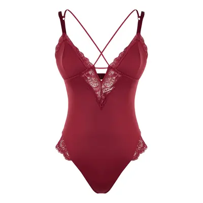 Trendyol Dark Cherry Micro Lace Piping Detailed Rope Strap Snap Knitted Bodysuit