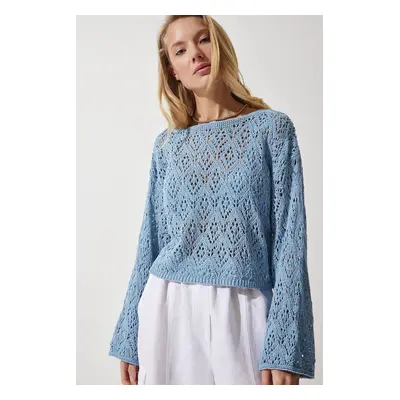 Happiness İstanbul Women's Sky Blue Boat Neck Openwork Seasonal Crop Knitwear Sweater