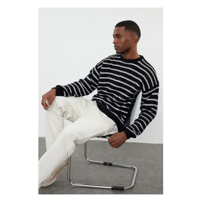 Trendyol Navy Blue Unisex Crew Neck Striped Knitwear Sweater